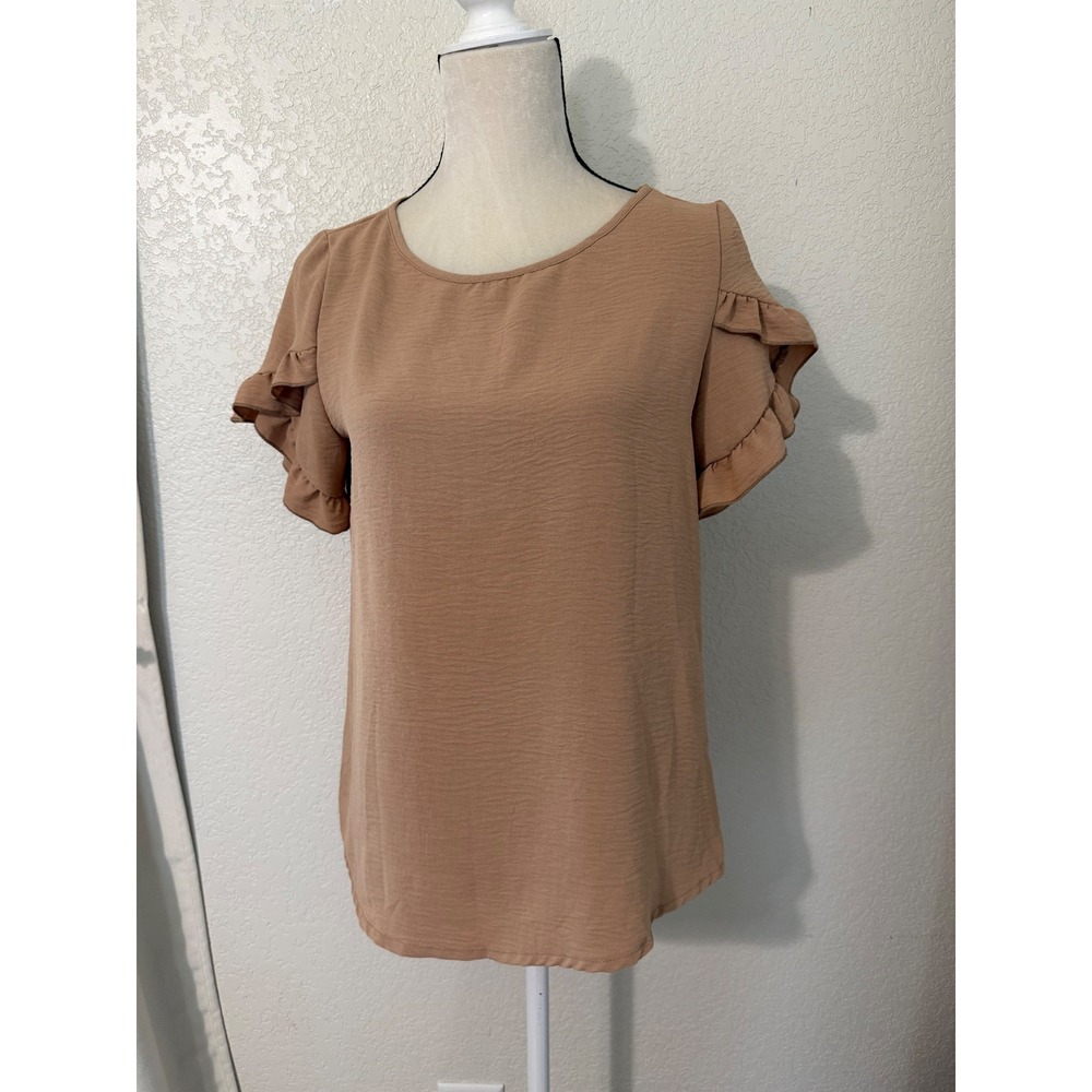 SHEIN Womens Tan Ruffle‎ Short Sleeve Blouse Round Neck Lightweight Top Small